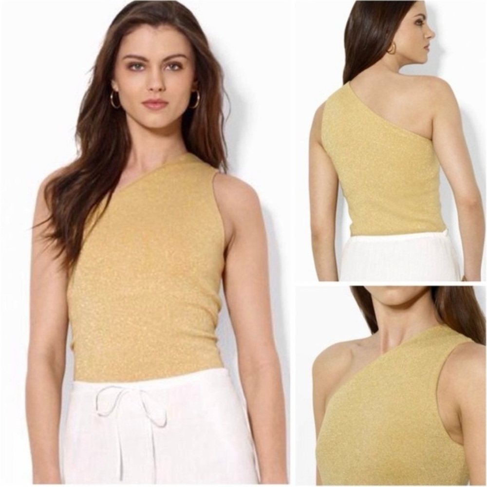 Lauren Ralph Lauren Metallic Gold Knit One Shoulder Blouse Silk Festive Classic